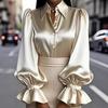 New Elegant Commuter Puff Long Sleeve Lapel Satin Womens Shirt Casual Loose Office Blouse New Lapel Simple Fashion Solid Color Tops