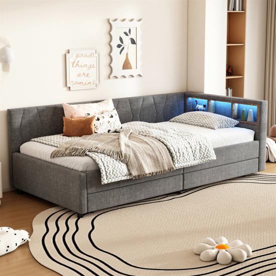 Upholstered Bed Extendable Sofa Bed 90x200cm with Slatted Frame, Multifunctional Bed Made of Skin-Friendly Velvet Fabric
