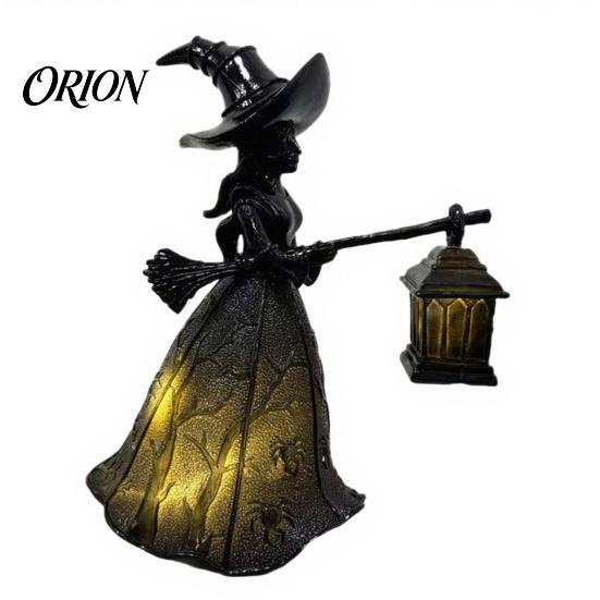 Gothic Halloween Decorations Witch Holding Lantern Light, with Spider Web Pattern Decor, Retro Party Supplies Style Resin Glowing Sculpture,