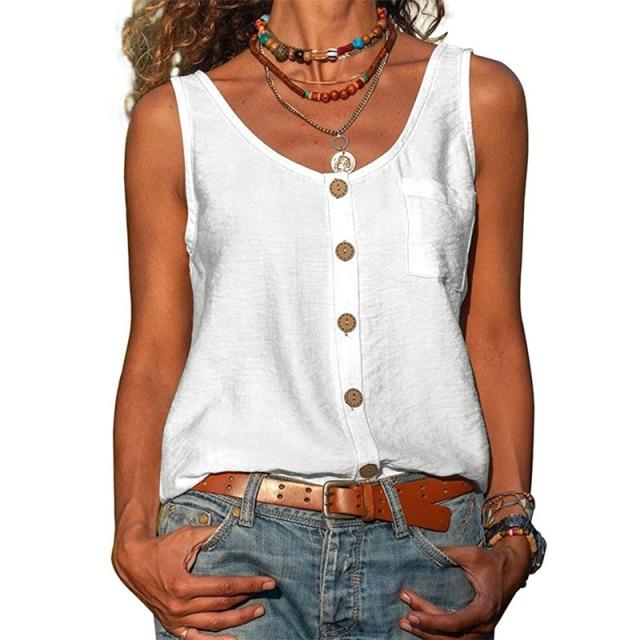 Summer New Solid Color V-neck Vest Button Sleeveless Pocket Tank Top Office Lady Commuter T-shirt Off Shoulder Simple Blouse