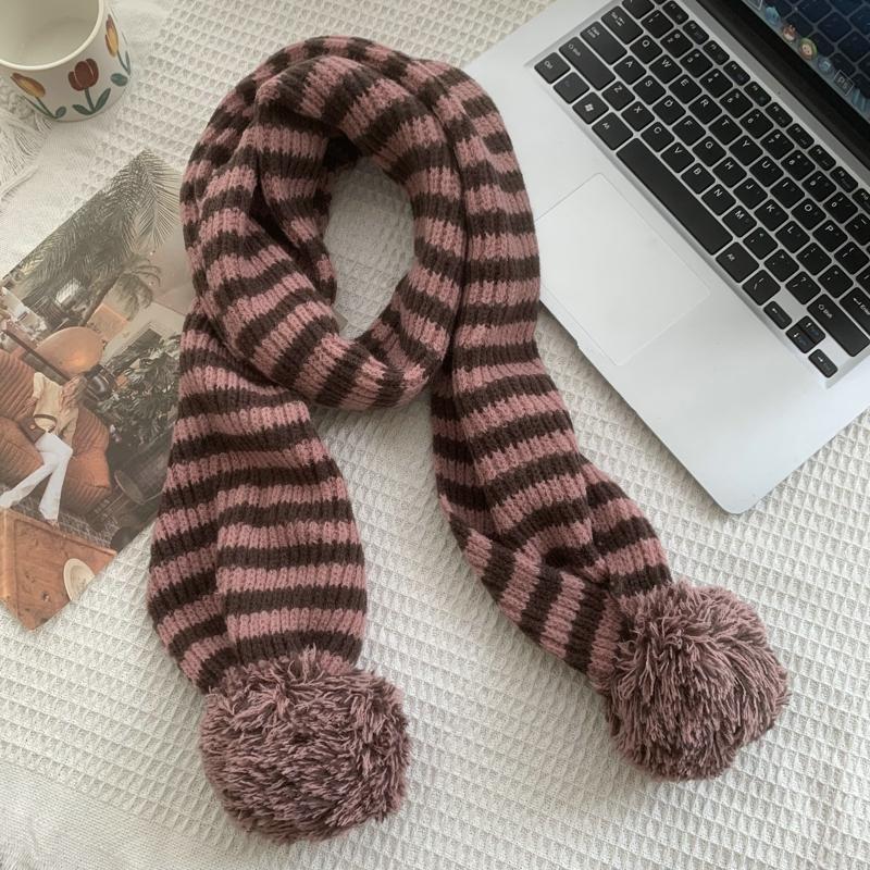

Winter Women Warm Stripe Scarf Knit Spring Thick Warm Winter Ball Ball Scarves Winter Casual Warmer Women Scarves For Women 145cmX23cm