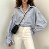 European-American Loose Striped Lantern Sleeve Shirt for Women
