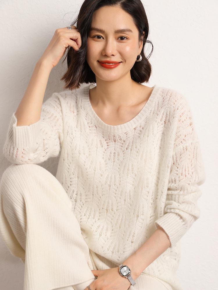 Women's Autumn Winter Cashmere Sweater - Hollow Design, Tree Grain, Round Neck, Long Sleeve, Loose Fit Pullover