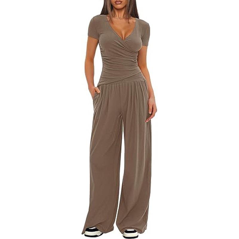 Women Casual Solid Loose Wide Leg Pants And Top Two Piece Set