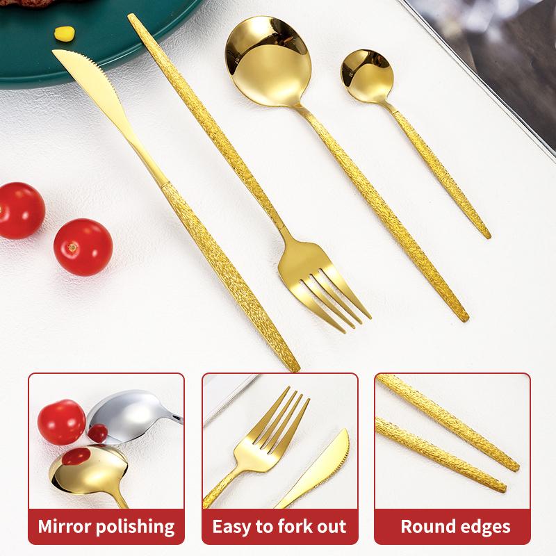 30pcs Gold hammered cutlery set, stainless steel steak cutlery, coffee spoon, teaspoon cutlery, dishwasher safe, beautiful