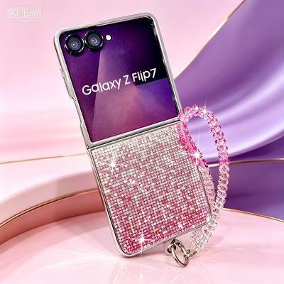 Elegantní galvanicky pokovený nárazník Gradientní kamínky Diamantový kryt telefonu pro Samsung Galaxy Z Flip 8 7 6 5 Křišťálový řetízek na ruku Nárazuvzdorný kryt proti poškrábání