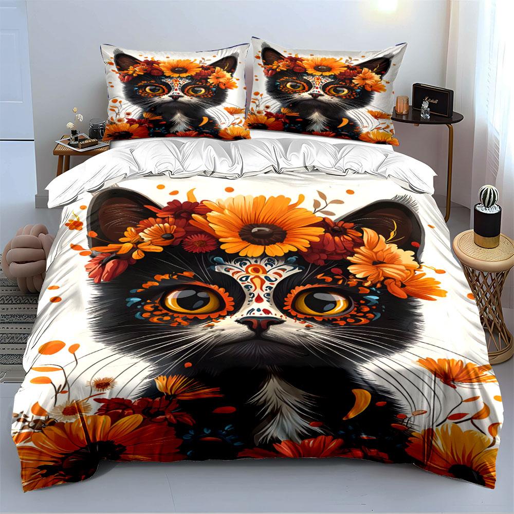 Cat with Floral Crown Bedding Bedding Duvet Cover Set Duvet Cover Pillowcases (1 * Duvet Cover 2 * Pillowcases, Without Duvet Insert)