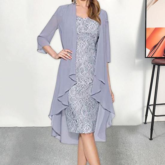 2 Pcs/Set Women Cardigan Dress Set Lace Floral Embroidery O Neck Slim Fit Midi Dress Irregular Three Quarter Sleeve Mid
