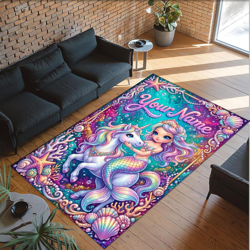 Mermaid Theme Crystal Velvet Floor Rug Personalized Custom Name Text Warm Carpet Home Decoration