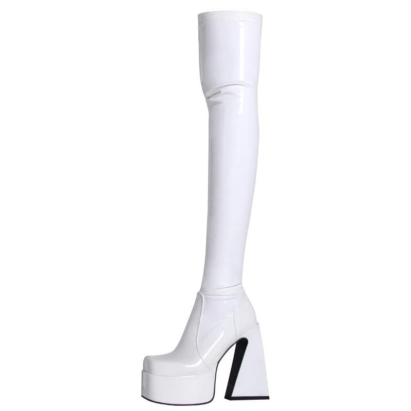 Women'S Black Pyramids High Heels Thigh High Boots Sexy Platform White Over The Knee Party Shoes High Quality Big Size 43