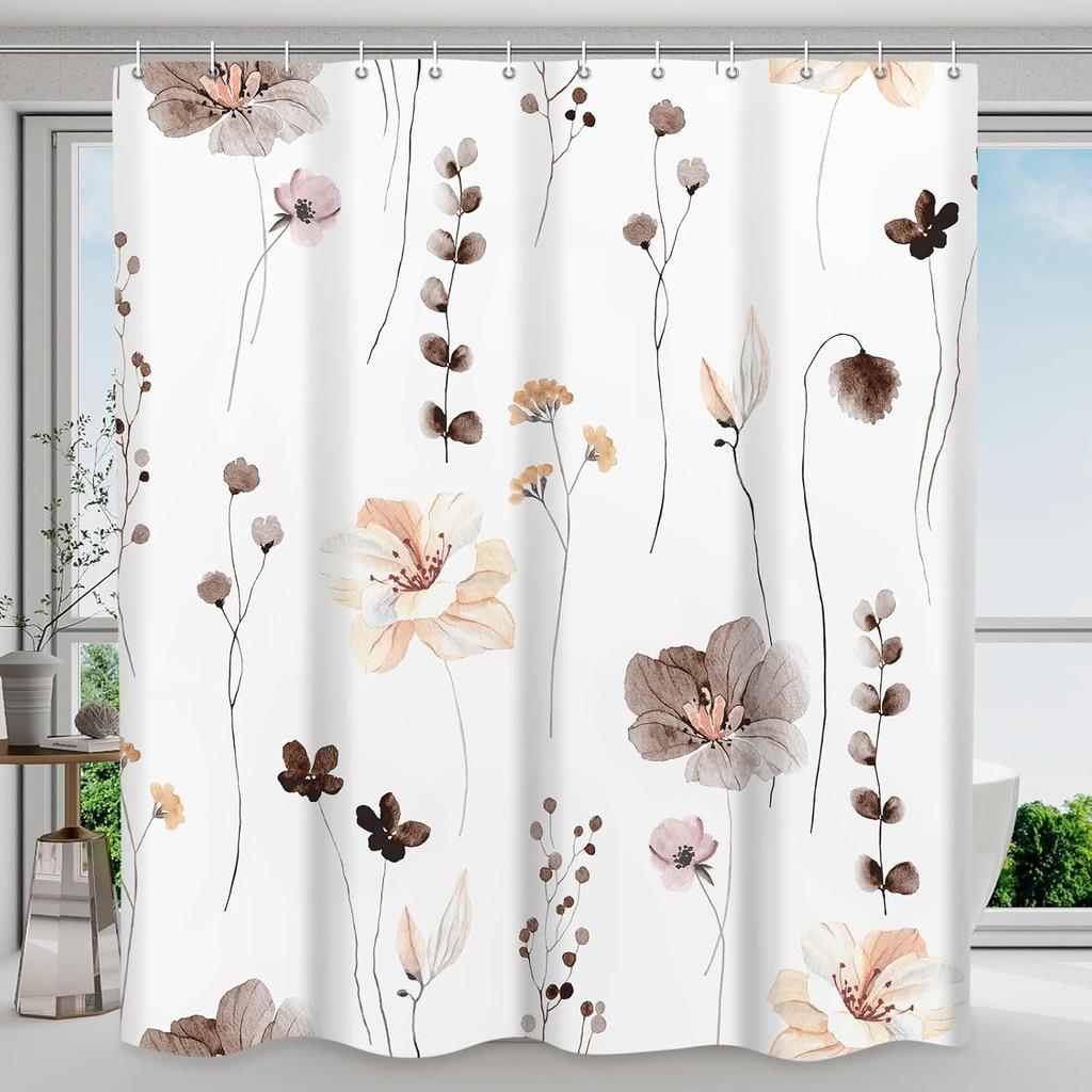 Shower Curtain Watercolor Flower Shower Curtain Sets - Spring Burnt-Orange Floral Plant Shower Curtains for Bathroom