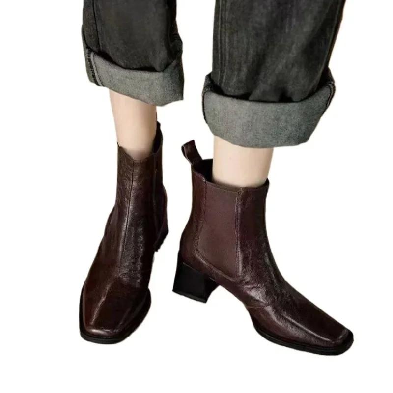 2024 Fashion Ladies Shoes Ankle Women's Boots Elegant Modern Boots Women Sewing Square Toe Slip on High Heel Shoes Women Zapatos