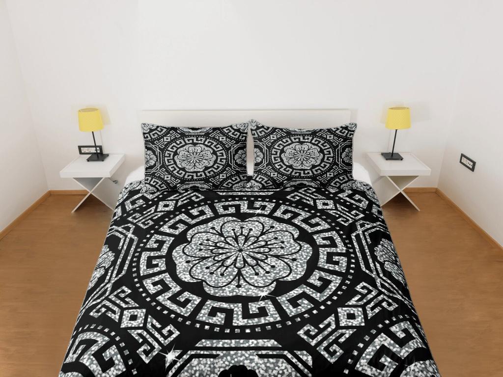 Luxury Duvet Cover, Black & Silver Bedding Set, Mandala Bedroom Set, Bohemian Bedspread, Custom Size Duvet, Modern Blanket Cover