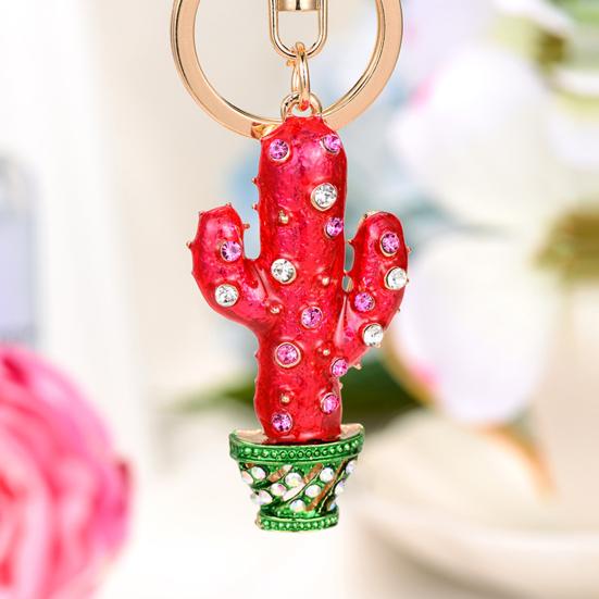 Keychain Sparkling Rhinestones Inlaid Cactus Design Keychain Pendant Enamel Oil Drip Process Smooth Edges Spring Buckle Key Holder Backpacks Accessory