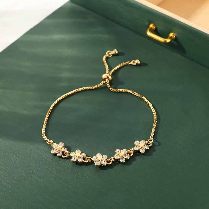 2pcs Gold-color And Silver-plated Bracelets Light Luxury Style Flowers Small Stars Brass Beads Adjustable Jewelry