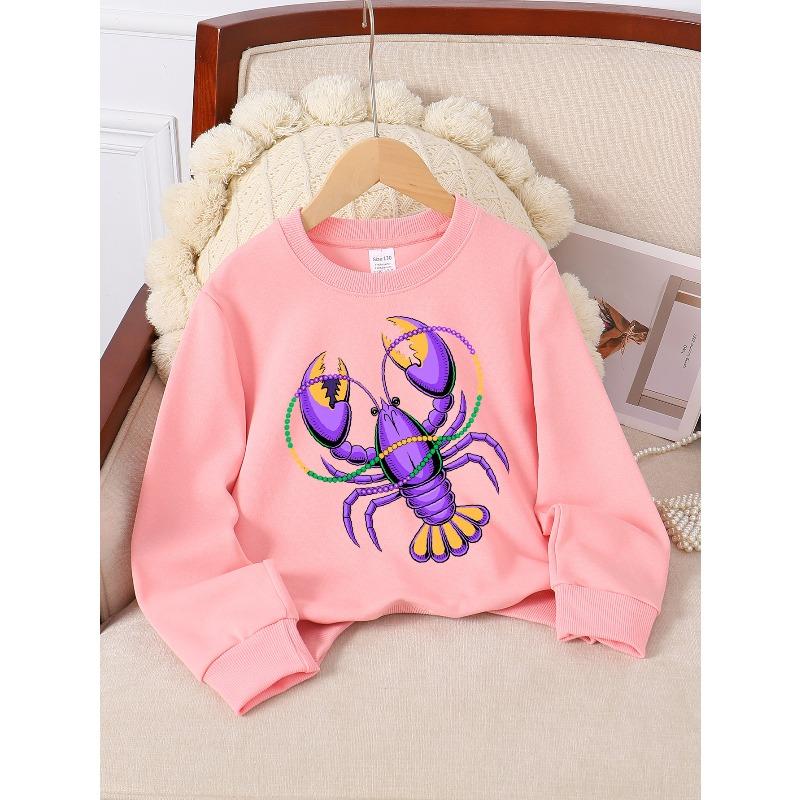 Kids Sweatshirt Purple Lobster Patterned Crewneck Sweatshirt for Girls, Featuring Beads. Suitable for Machine Washing, Ideal for Spring And Autumn