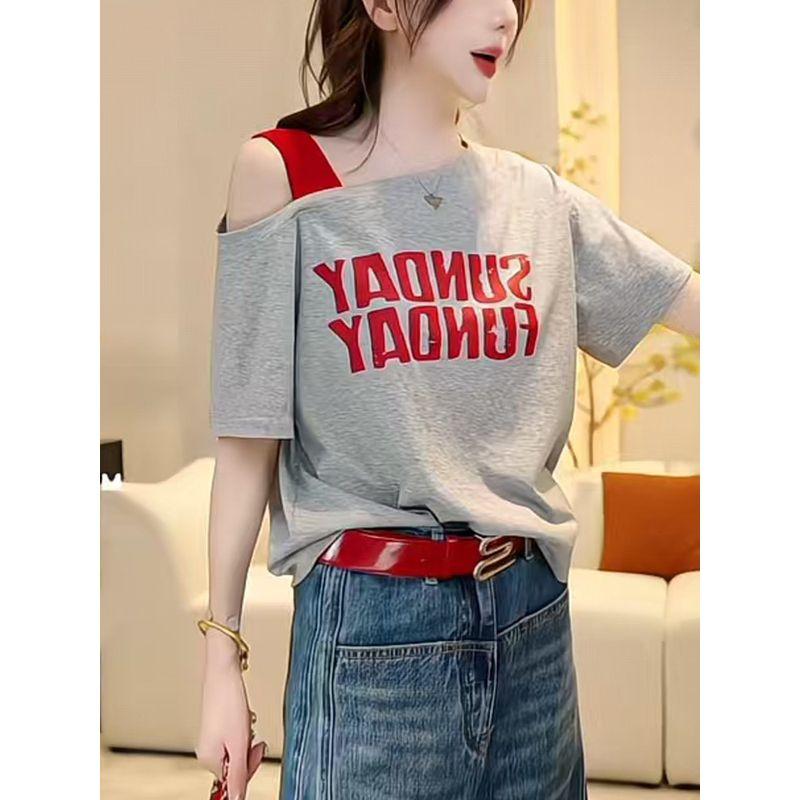 2026 Summer New Style Gray Printed One-Shoulder Short-Sleeve T-Shirt for Women, Korean Niche Design, Versatile Short Top