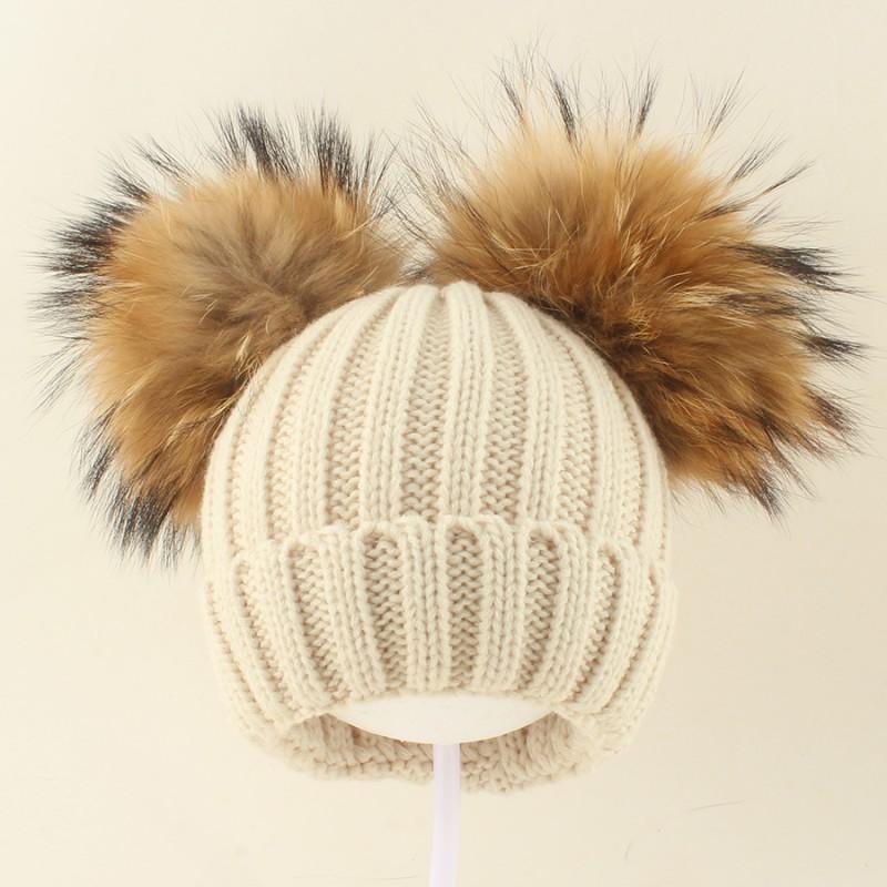 Kids Warm Knitted Beanie Hat With Double Pom Poms Striped Roll Edge Unisex Winter Cap Toddlers Children
