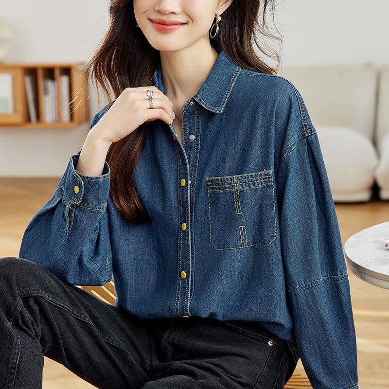 

Синяя джинсовая куртка для женщин, весенне-осенний новый стиль, рубашка-топ, ретро в гонконгском стиле, многослойная рубашка XXL