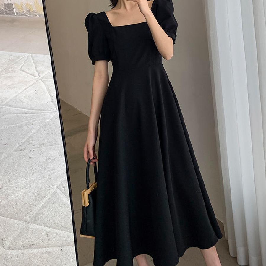 Summer New Ins Tea Break Dress, Temperament One-Shoulder Knee-Length Hepburn Style Black Dress for Plus Size Women