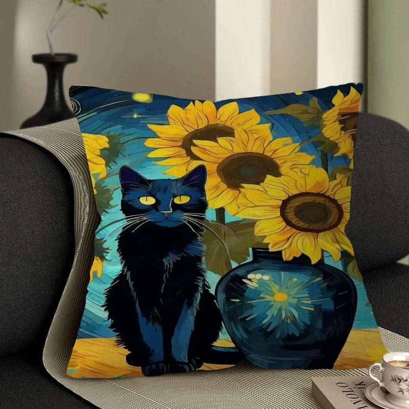 Monet Black Cat Van Gogh Sunflowers Pillowcases Home Bedding Decorative Pillow Cover Wedding Super Soft Pillow Case