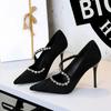 European American Banquet Pointed Toe High Heels Diamond Chain One-Strip Thin Heel Super High Heels Light Mouth Elegant Lace-Up
