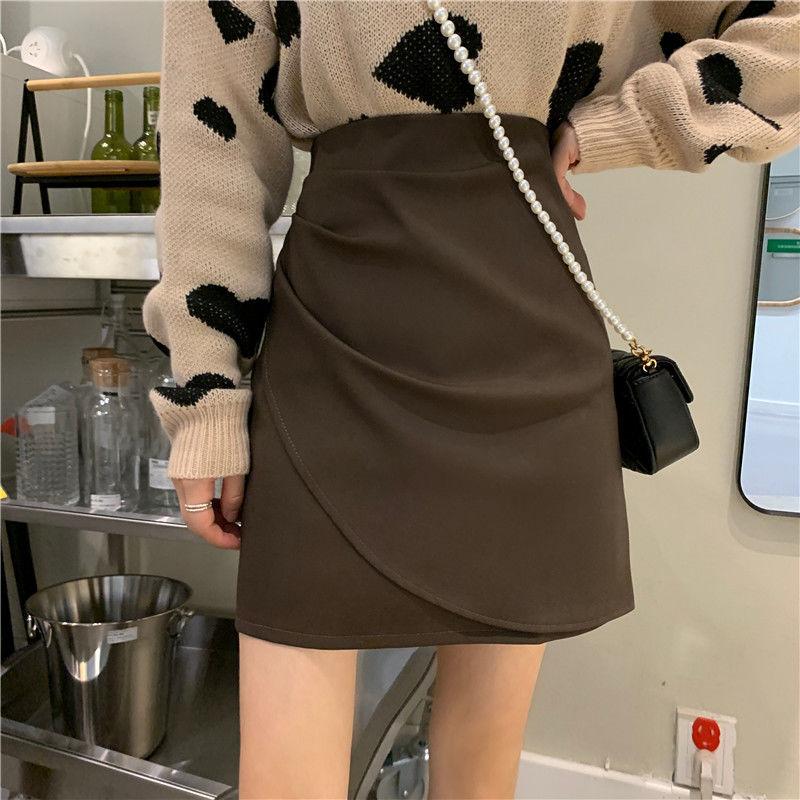 Female Clothing Irregular Bag Hip Skirts Spring Autumn High Waist A-Line Basic Solid Color Chic Folds Asymmetrical Mini Skirts