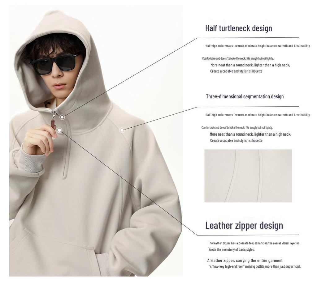 Unisex Heavyweight Half-Zip Hoodie with 3D Panel & Stand-up Collar for Autumn/Winter