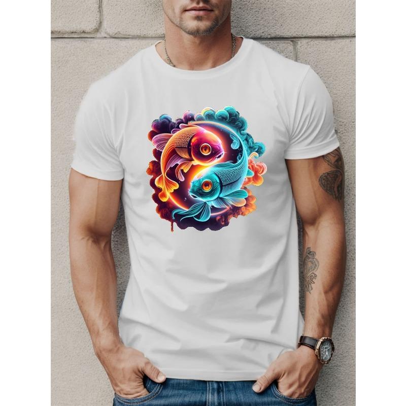 Europäische Größe Yin Yang Fischdruck T-Shirt, T-Shirts Für Männer, Lässiges Kurzarm-T-Shirt Für Den Sommer