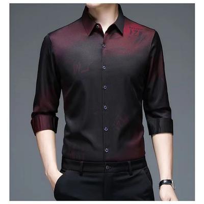 Men's Gradient Red-Black Slim Fit Long-Sleeve Button Front Shirt