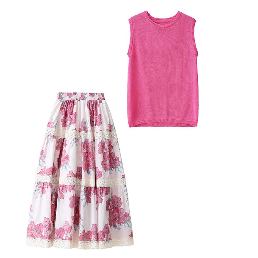 Summer Wear a Complete Set of Women's Casual Fashion Dress Rose Pink Knitted Sleeveless Vest Floral Skirt Set