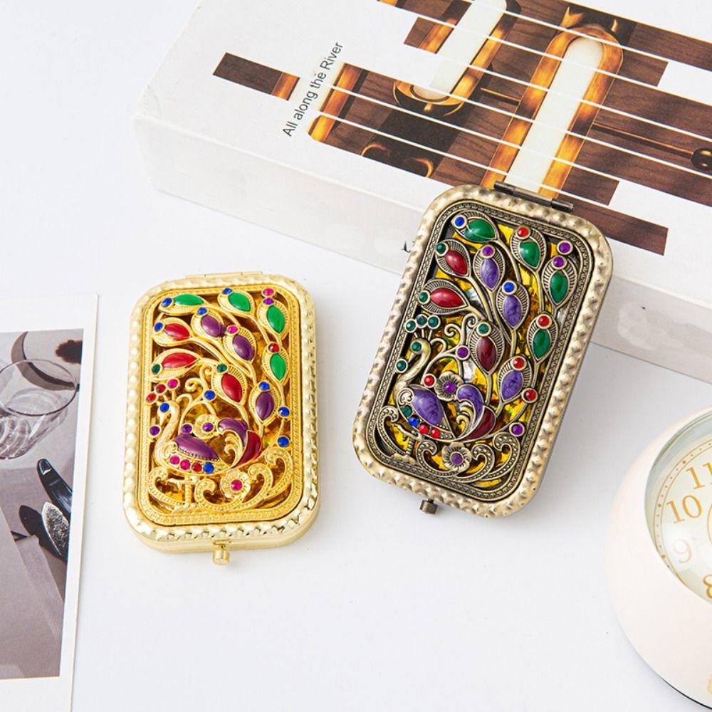 Rectangular Retro Small Mirror Peacock Open Screen Foldable Cosmetic Mirror