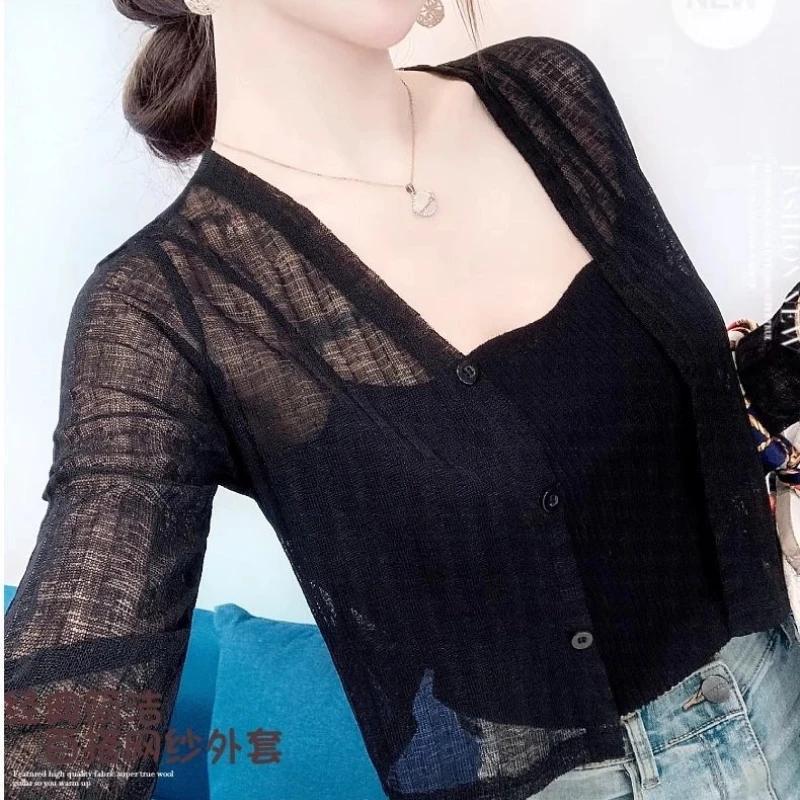 Dames Beige Doorzichtig Gebreide Cardigan Lange Mouw Cropped Open Voorkant Casual Zonbescherming Top