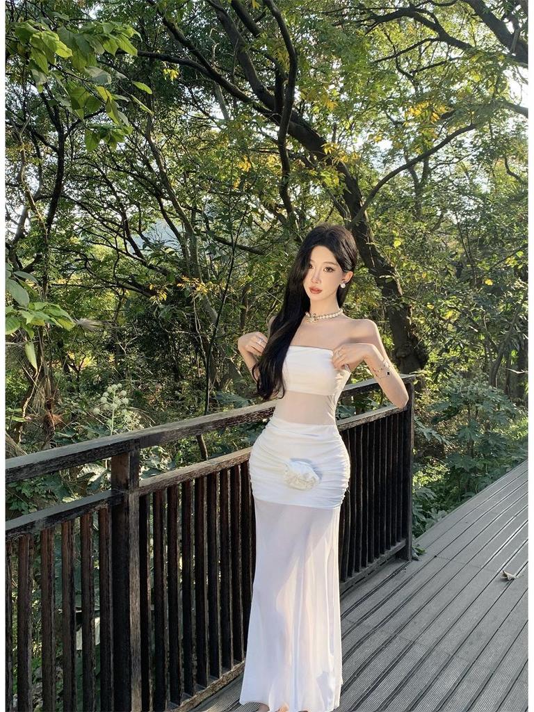 Feminine One-Shoulder Mesh Strapless Summer Dress