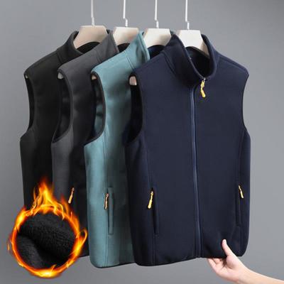 Men Winter Vest Stand Collar Solid Color Zipper Pockets Polar Fleece Cardigan Keep Warm Casual Style Winter Jacket Men Vest Coat for Fishing Hiking
