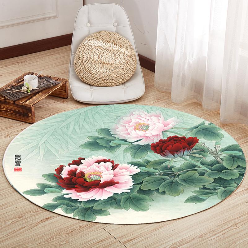 Rond Chinese Stijl Lotus Tapijt Chinese Schilderkunst Kunst Geprint Tapijt Woonkamer Slaapkamer Decoratie Tapijt Bedside Antislip Vloermat