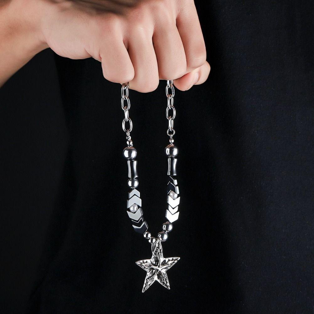 Goth Y2k Punk Necklace Beaded Simple Metal Necklace Sweater Chain Star Pendant Necklace Streetwear
