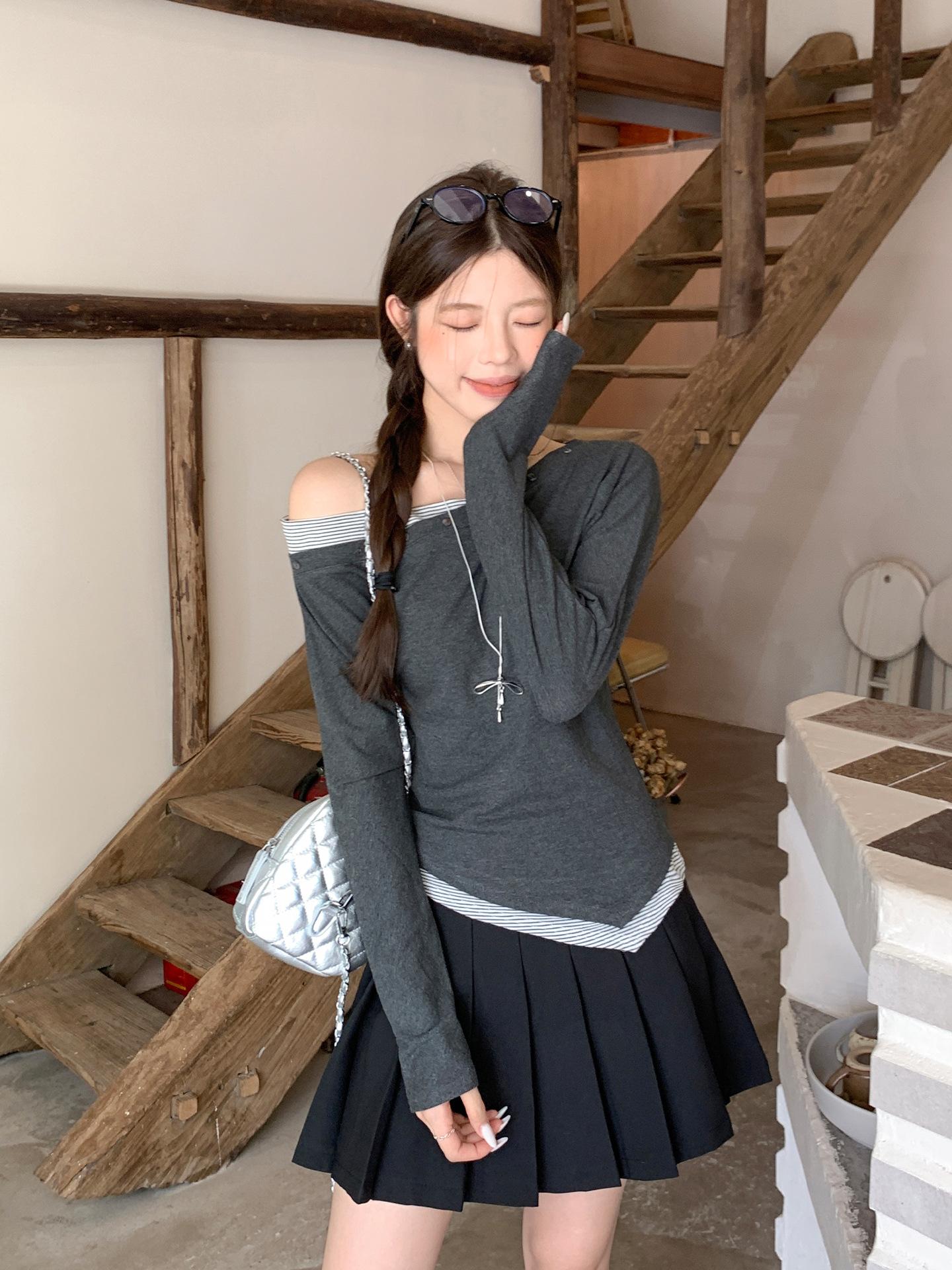Gray diagonal neck diagonal shoulder irregular long sleeve women s T-shirt early autumn bottoming shirt fake two pieces design off-the-shoulder S темно-серого