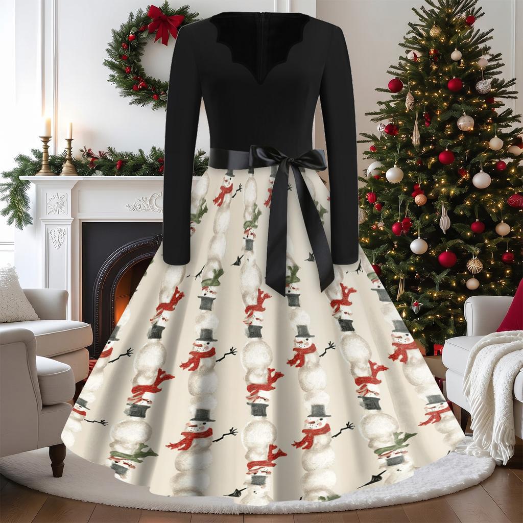 Women's Casual Vintage V-Neck Long Sleeve Dress with Christmas Print