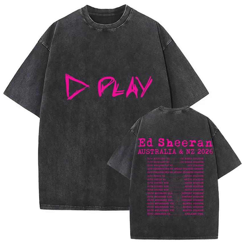 Vintage Washed Ed Sheeran Play Tour 2026 Pop Music TShirt Men Women Harajuku Fashion Fans Oversized T Shirt Hip Hop Streetwear