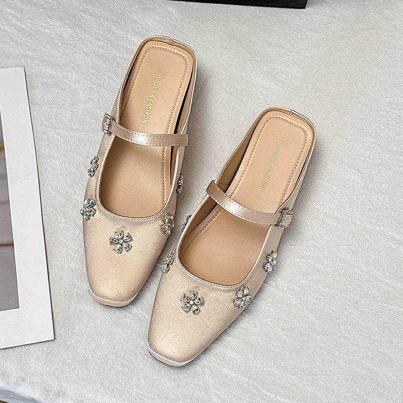 

W173-8 Сумка с плоским дном, темпераментная, головка, полушлепанцы, женская обувь, верхняя одежда, весна и лето 2025, сандалии Мэри Джейн со стразами 40 абрикосовый