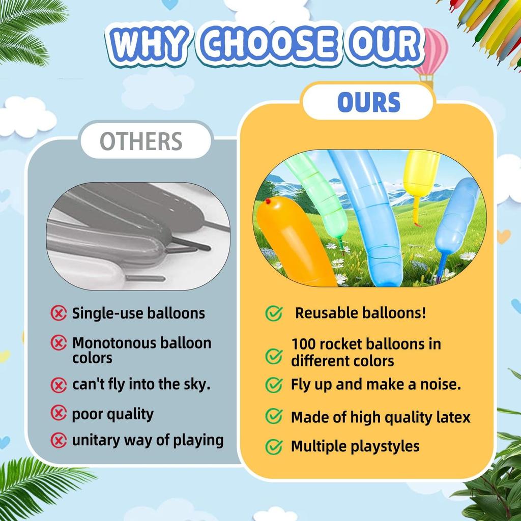 Rocket Balloons 100-Pack , 40-Inch Whistling Flying Party Balloons, Assorted Colors, Outdoor Kids Toys For Birthdays & Events