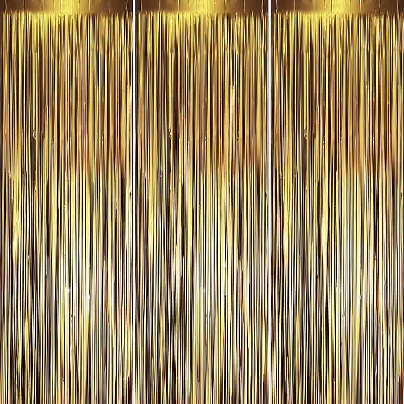 3 Pack 3.3x8.2 Feet Gold Foil Fringe Backdrop Curtains, Tinsel Streamers, Fringe Backdrop for 2025 New Years Eve, Graduation, Birthday, Baby Shower,