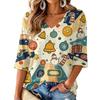 Women's Casual V-Neck Top with Christmas Print and Three-Quarter Sleeves