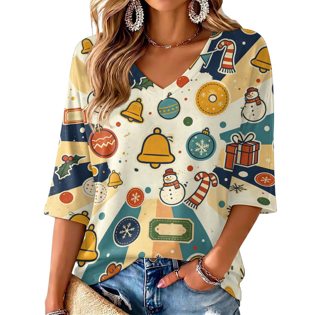 Women's Casual V-Neck Top with Christmas Print and Three-Quarter Sleeves