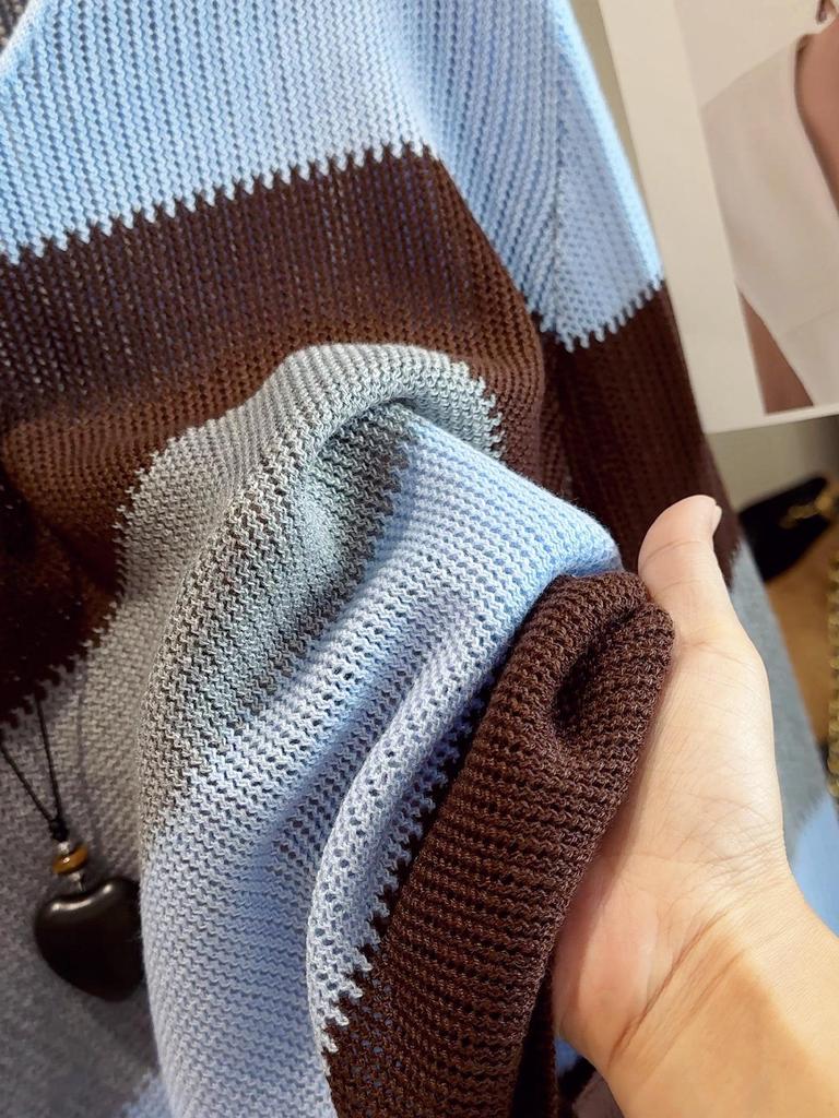 Women's V-Neck Color Block Striped Knit Pullover Sweater - 2025 Autumn Fashion