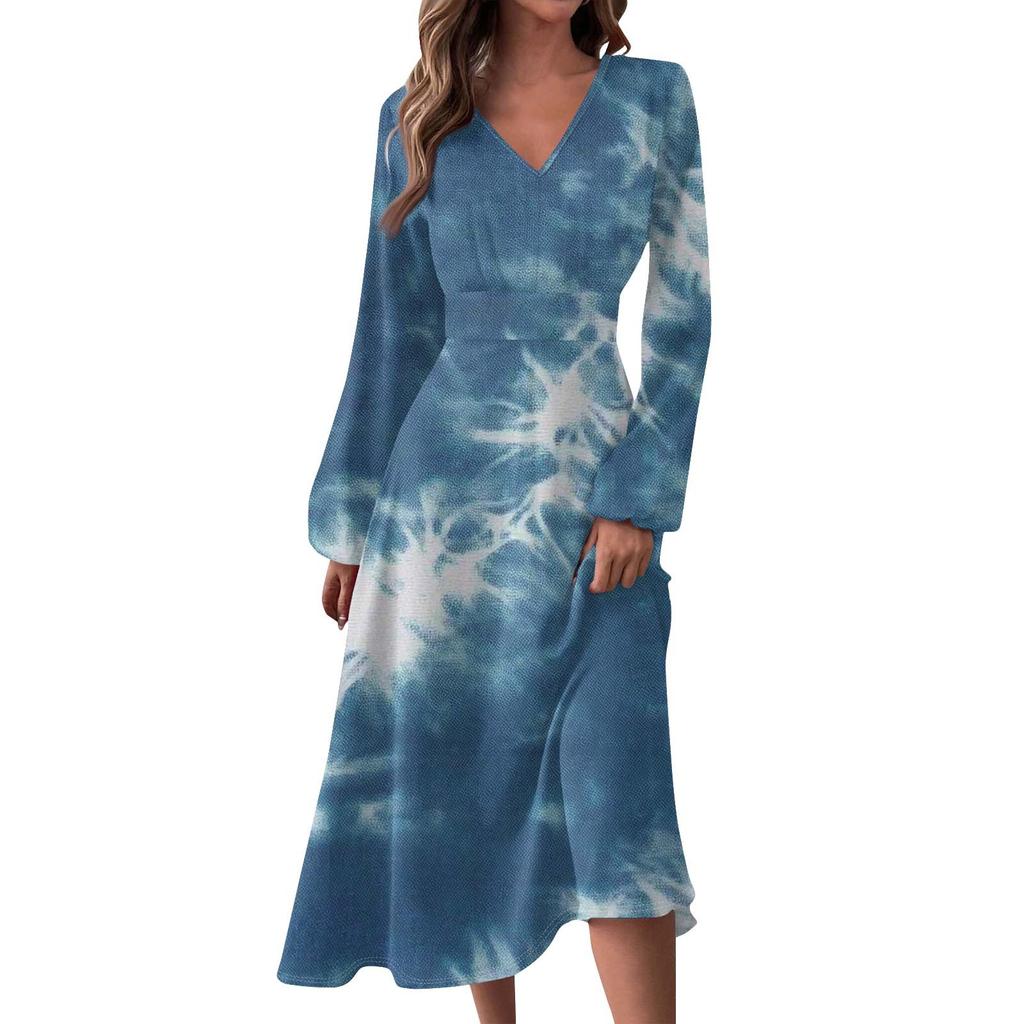 Women's Autumn- And Winter Casual Fashion V-neck Long Sleeve Stripe Print Long Dress Suitable For Daily Life And Party Wear