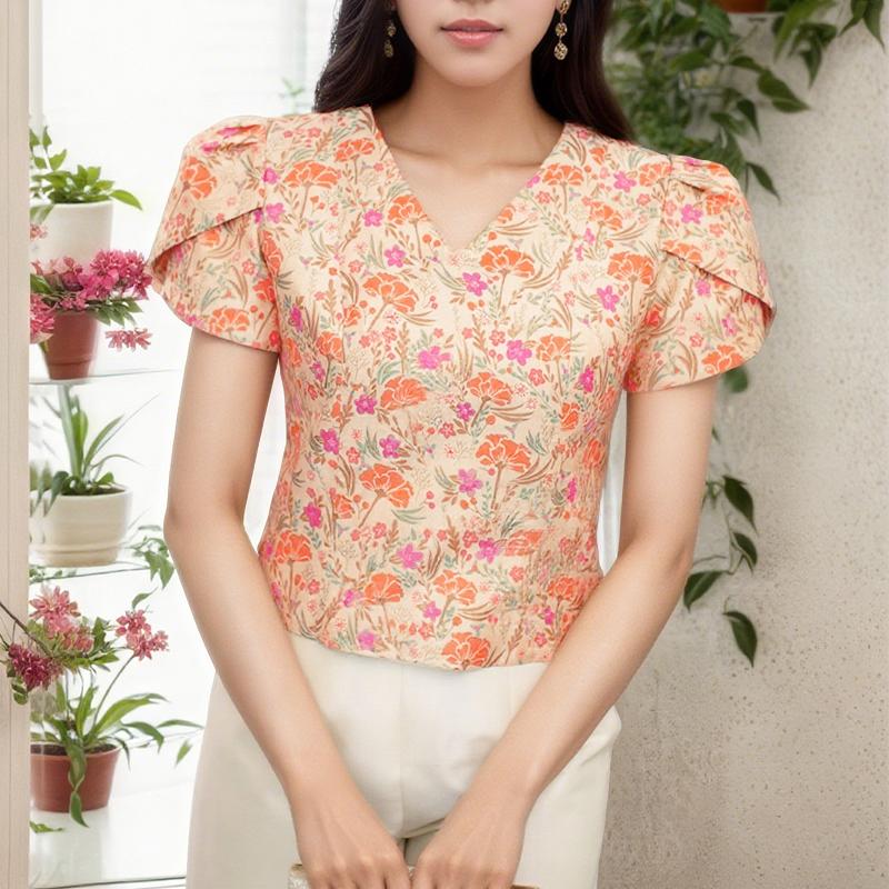 

ZANZEA Женская повседневная летняя блузка с коротким рукавом и V-образным вырезом S оранжевый