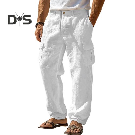 Men's Casual Straight Trousers Solid Color Streetwear Pants Loose Fit Beach Style Pants with Multiple Pockets for Fitness Travel Daily Wear