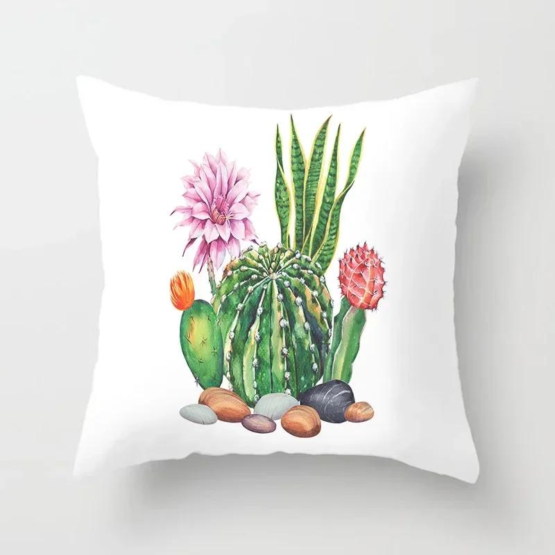 Tropical Cactus Summer Plants Pattern Double-sided Printed Pillow Cover Short Plush Suitable Living Sofas Throw Cushion Cover